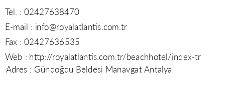 Royal Atlantis Beach Hotel telefon numaralar, faks, e-mail, posta adresi ve iletiim bilgileri